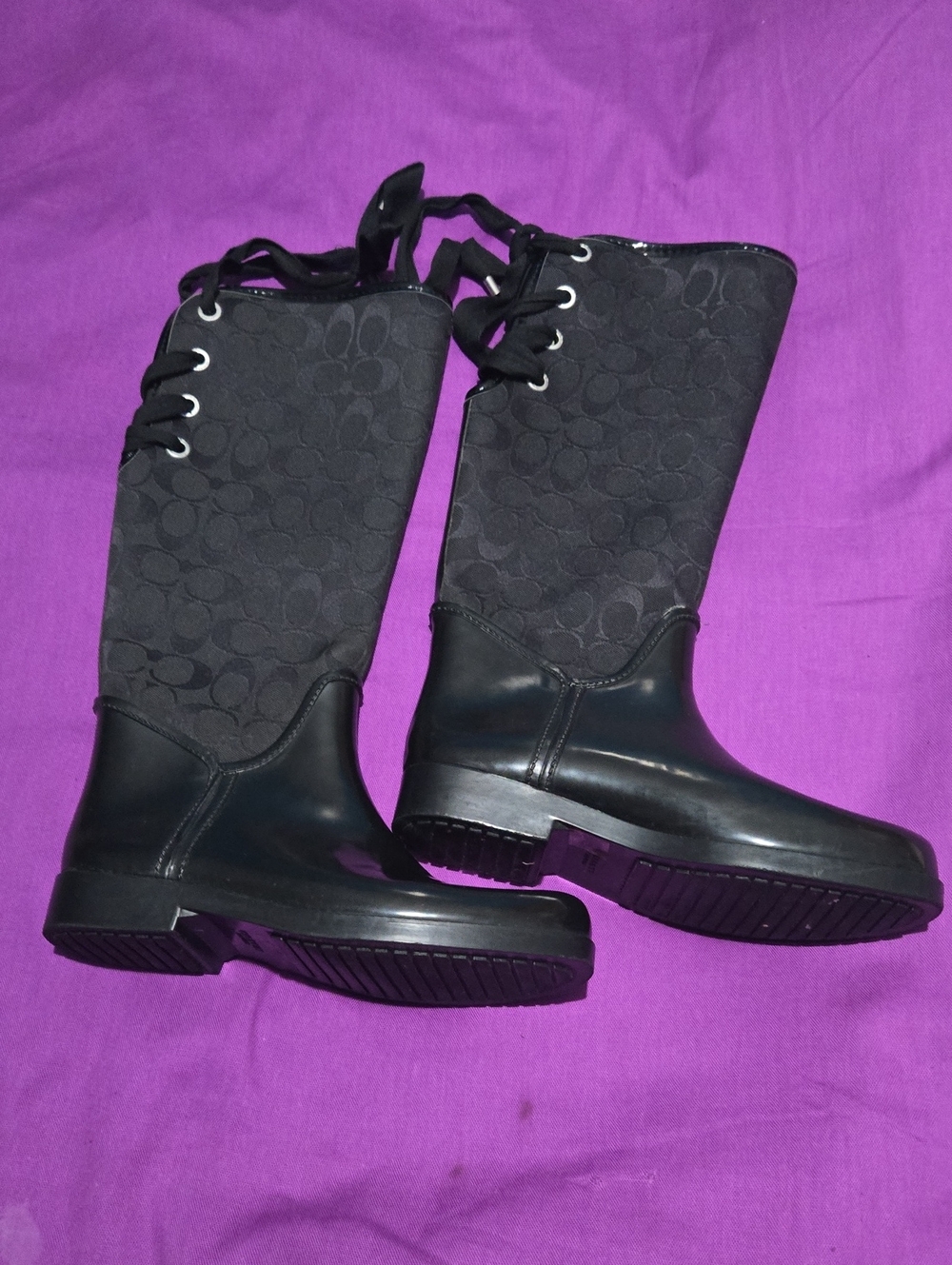 Coach Black Monogram Lace-Up Women's Rain Boots